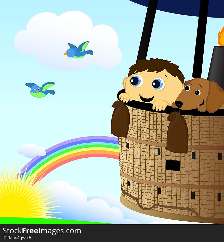 The boy and the dog fly in a hot air balloon. The boy and the dog fly in a hot air balloon