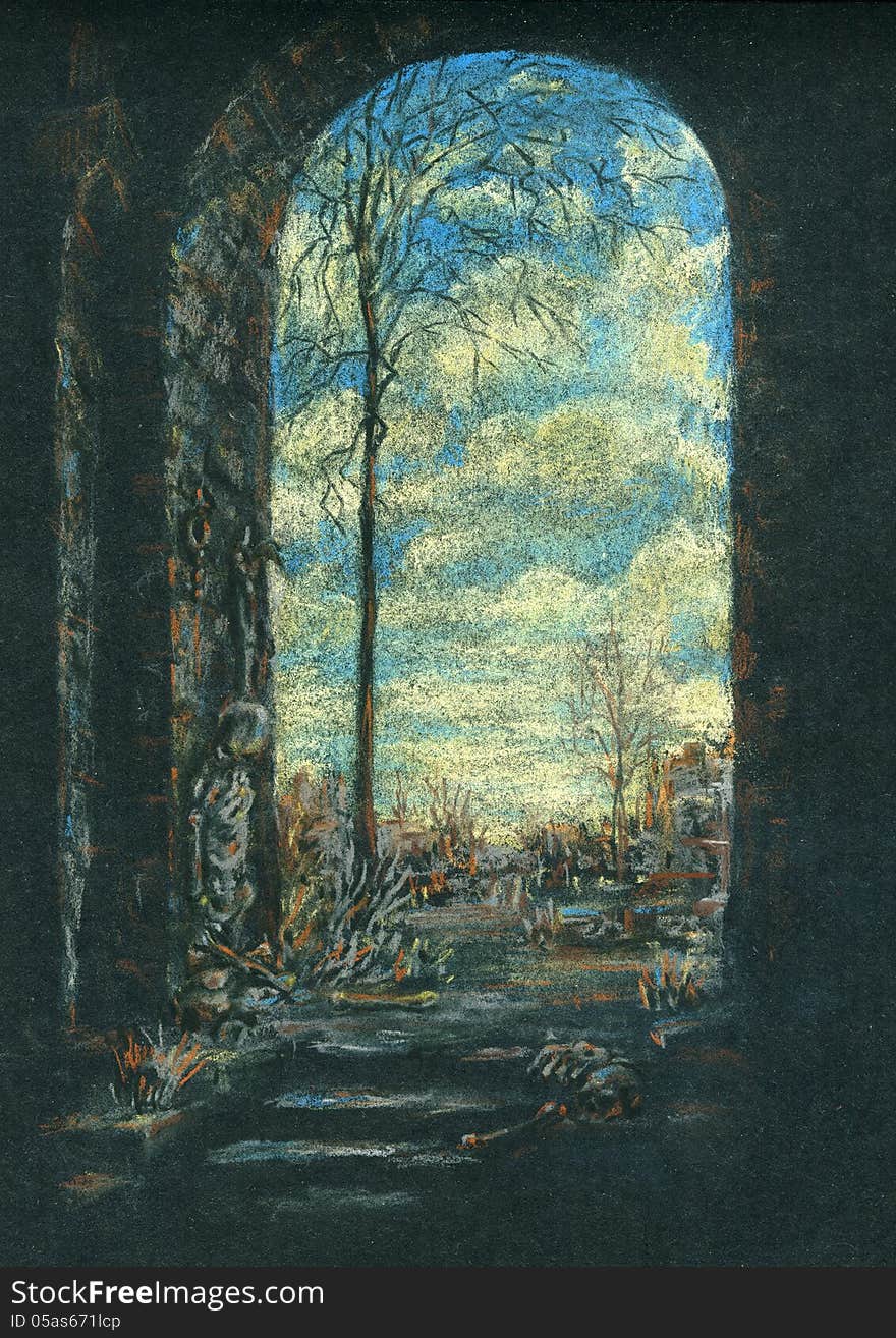 Fantasy art, ancient ruins. Color pastels on black textured paper. Fantasy art, ancient ruins. Color pastels on black textured paper.