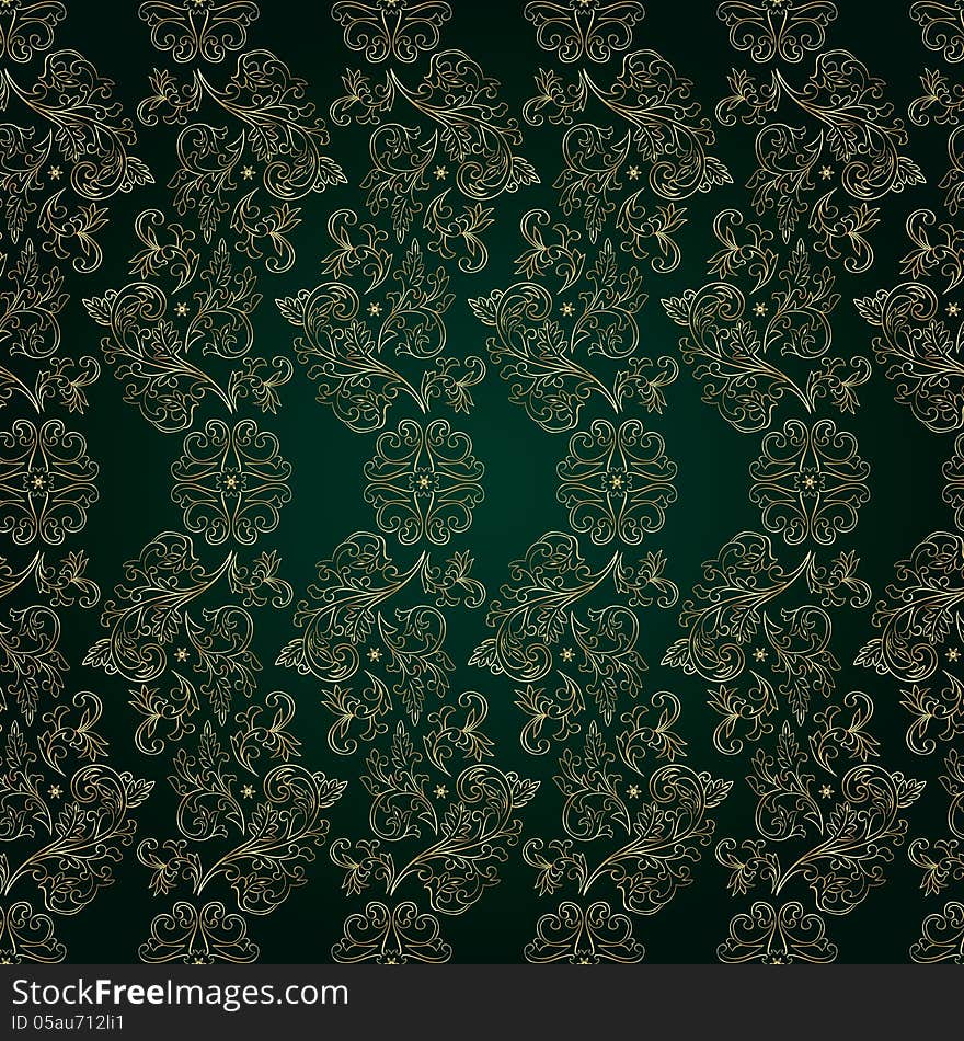 Floral vintage seamless pattern on green background. Vector illustration.