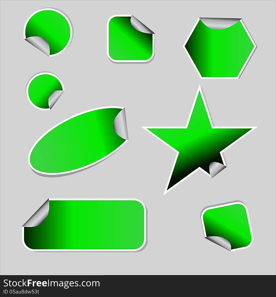 Set of green folded stickers isolated on white. Set of green folded stickers isolated on white