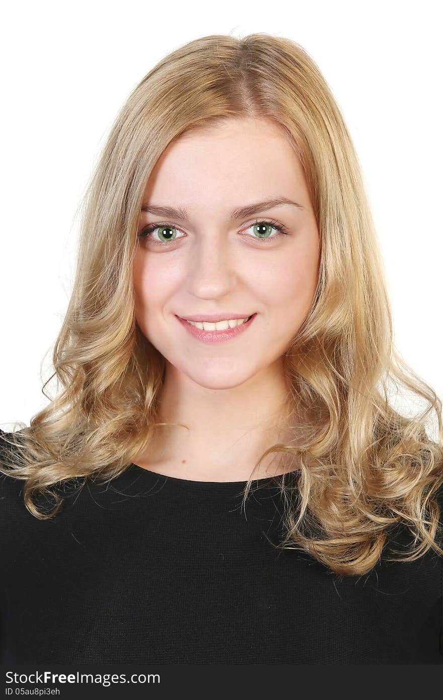 Portrait of a young blonde attractive girl looking at camera toothy smiling isolated over white background. Portrait of a young blonde attractive girl looking at camera toothy smiling isolated over white background