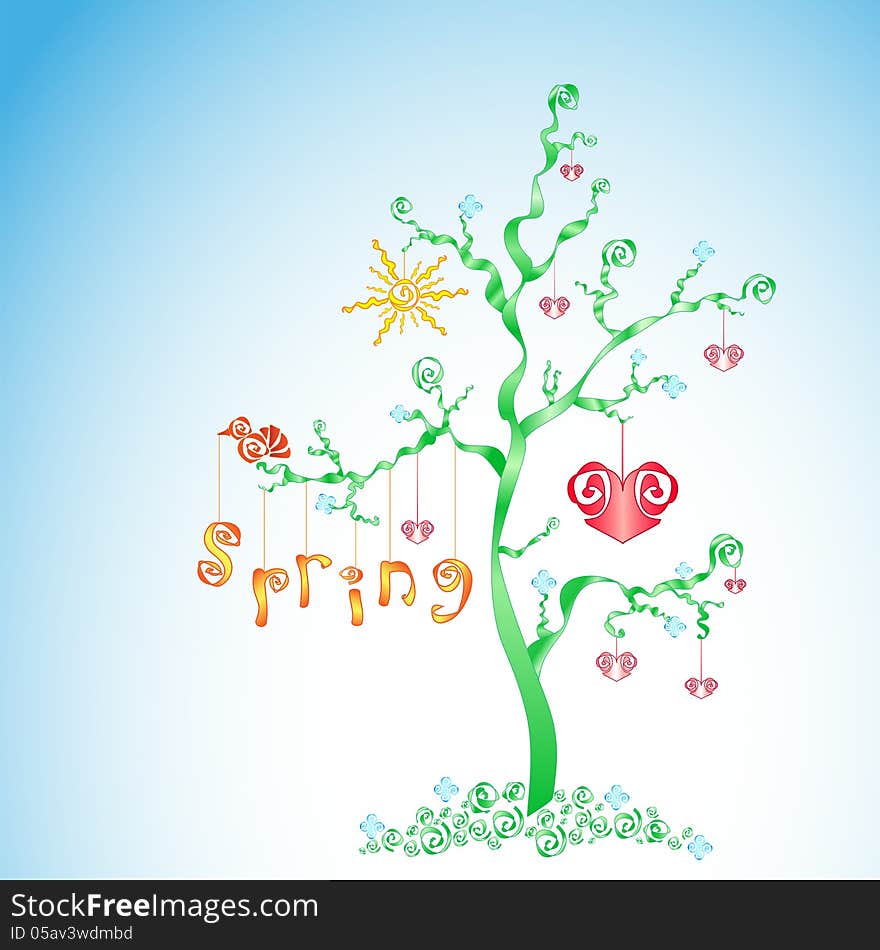 Invented spring tree with hearts, sun, flowers and bird on branches. Invented spring tree with hearts, sun, flowers and bird on branches.