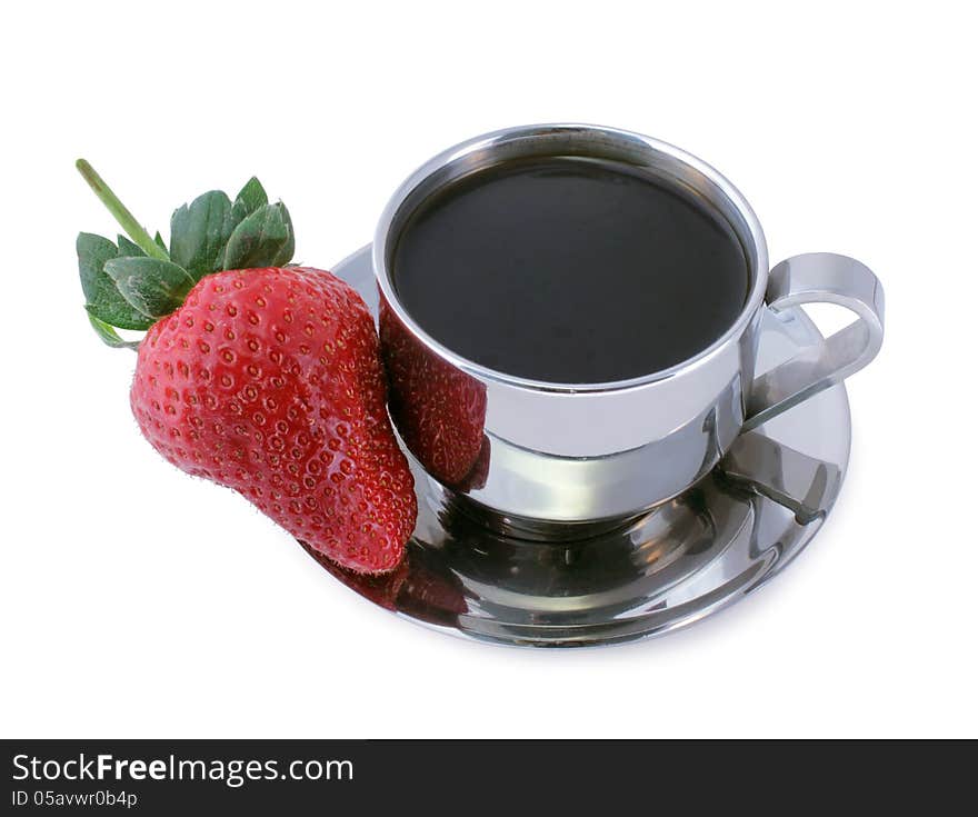 Cup of coffee and fresh sweet strawberry against white background. Cup of coffee and fresh sweet strawberry against white background.