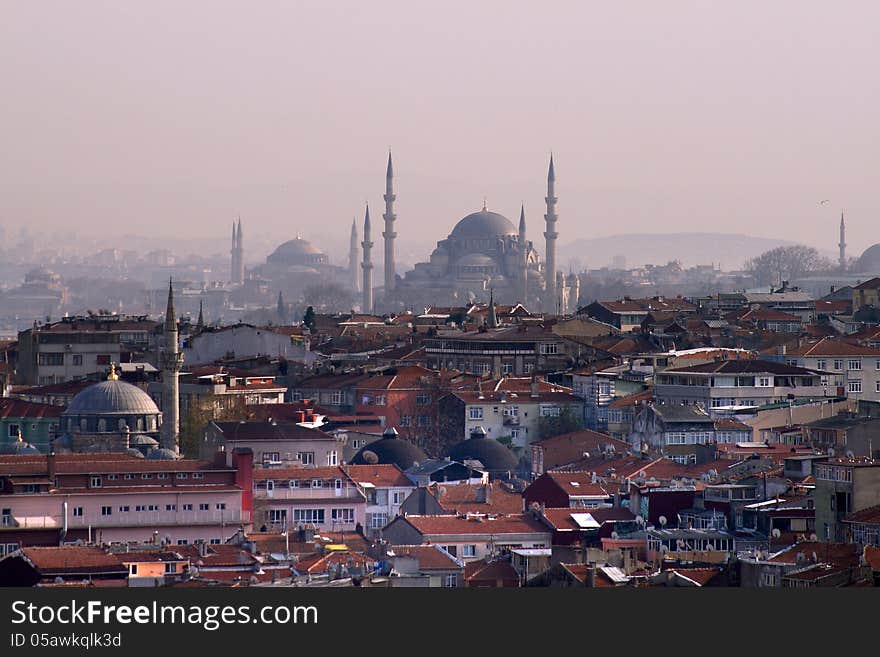 Istanbul city view from the city wall. The Süleymaniye Mosque is an Ottoman imperial mosque located on the Third Hill of Istanbul, Turkey. It is the largest mosque in the city, and one of the best-known sights of Istanbul. Istanbul city view from the city wall. The Süleymaniye Mosque is an Ottoman imperial mosque located on the Third Hill of Istanbul, Turkey. It is the largest mosque in the city, and one of the best-known sights of Istanbul.