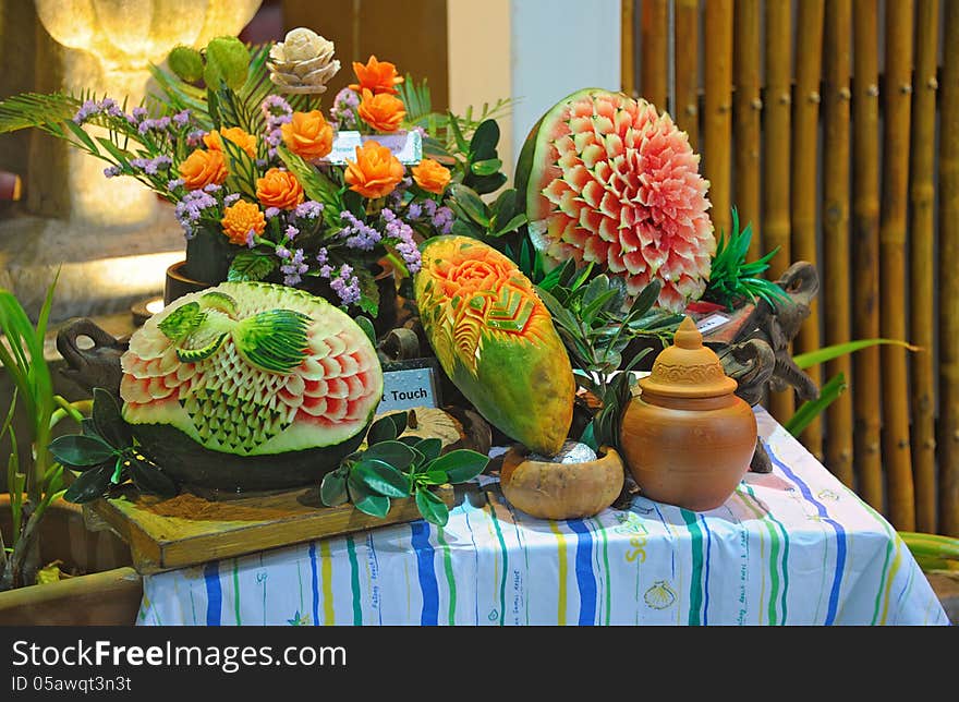 Colorful curving vegetables in tropical market. Colorful curving vegetables in tropical market