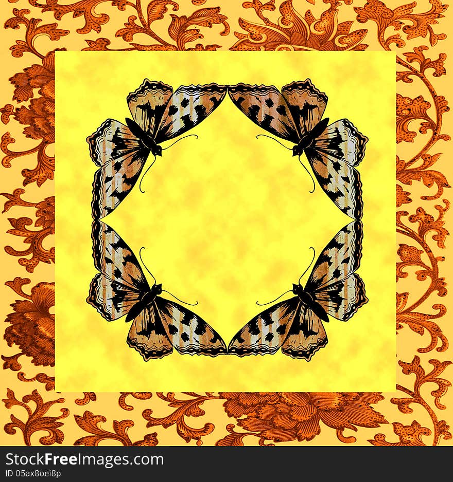 Orange and beige abstract floral background with a butterfly frame in the center. Ideal for your family photographs, scrapbooks, invitations. Orange and beige abstract floral background with a butterfly frame in the center. Ideal for your family photographs, scrapbooks, invitations.