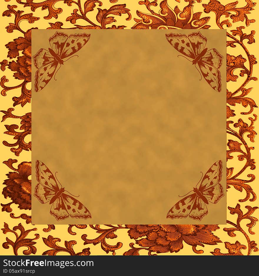 A vintage orange and beige abstract floral background with a grunge brown butterfly frame. Ideal for scrapbooks, portraits, cards. A vintage orange and beige abstract floral background with a grunge brown butterfly frame. Ideal for scrapbooks, portraits, cards.