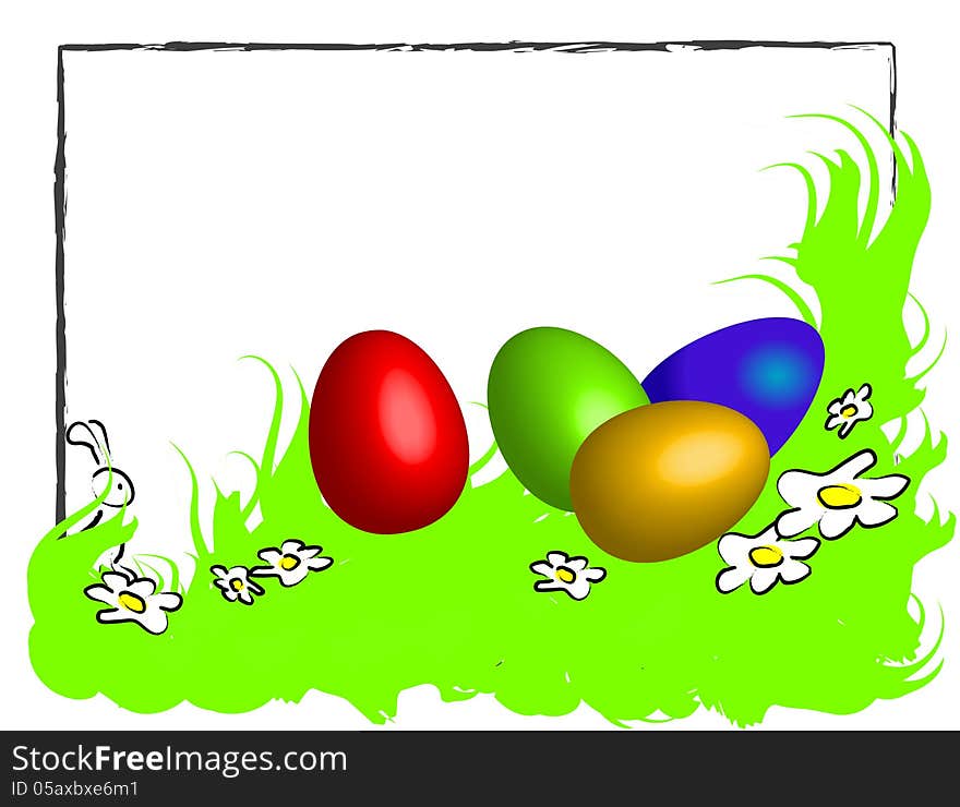 Funny happy easter frame with spring green grass, white daisies, 3D colored easter eggs and little rabbit hiding behind the grass. with a light gray charcoal frame and white background (place for text)