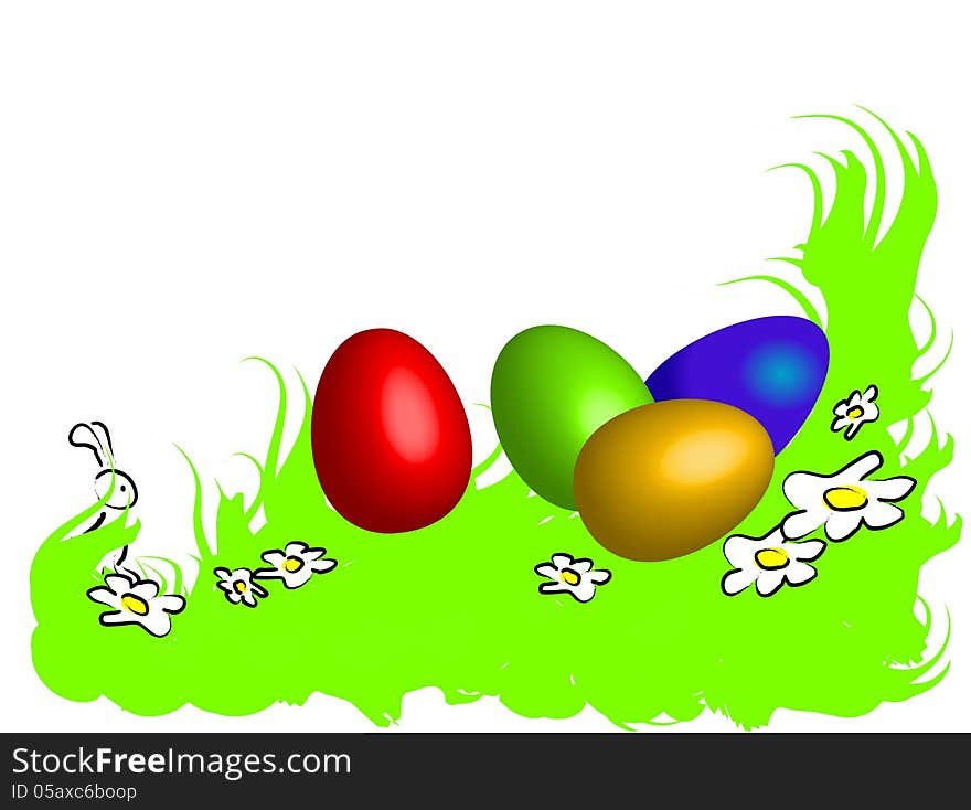 Funny happy easter frame with spring green grass, white daisies, 3D colored easter eggs and little rabbit hiding behind the grass. white background with place for text