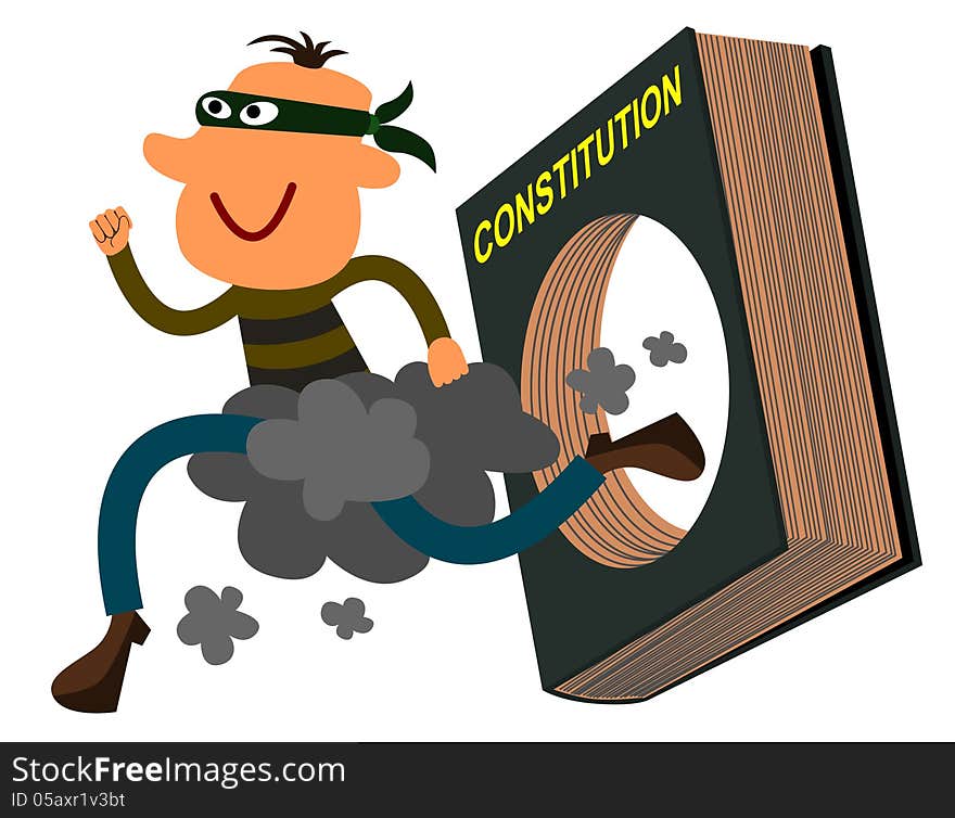 A masked criminal running outside a hole from a book of constitution. A masked criminal running outside a hole from a book of constitution