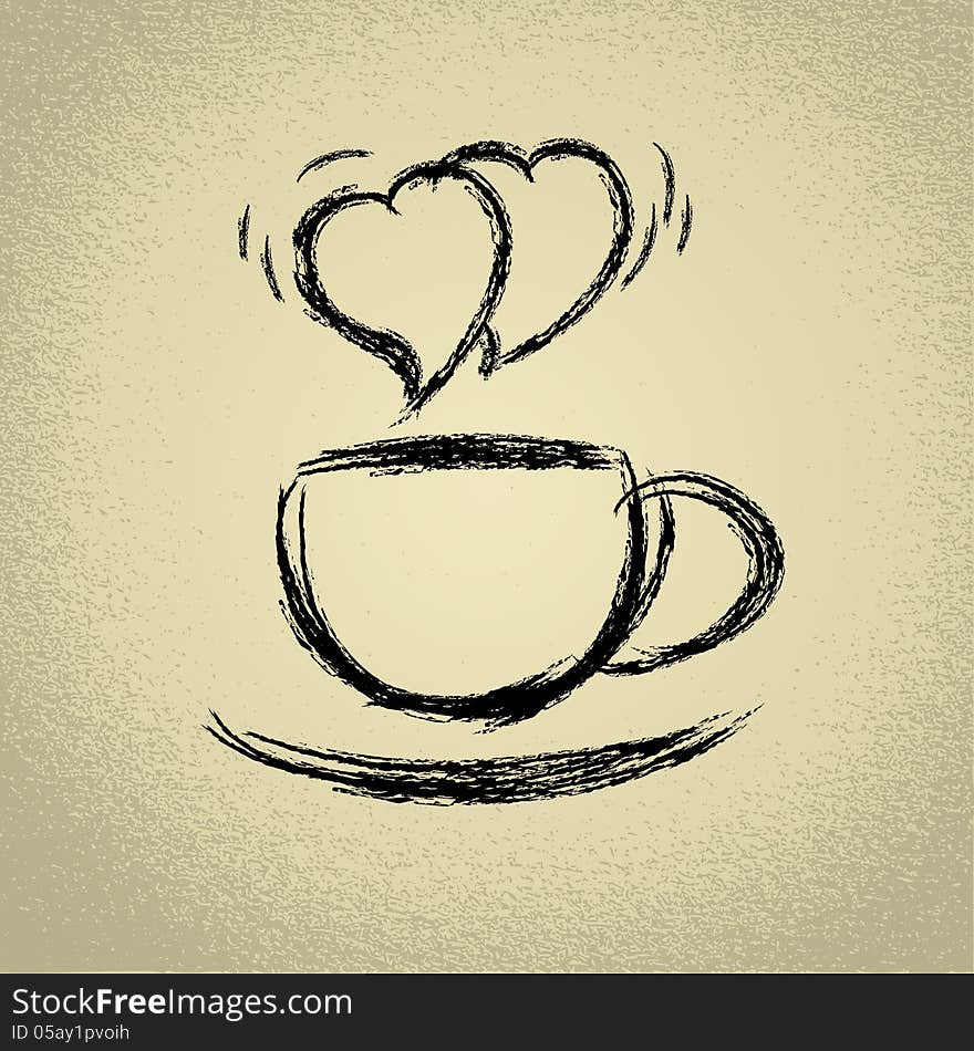 Cup of hot coffee. Heart-shaped steaming.Vector eps10 illustration.