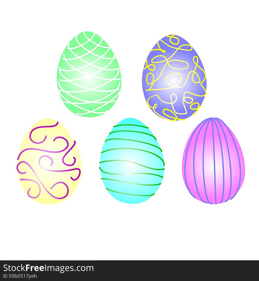 Five Decorative Easter Eggs on white background