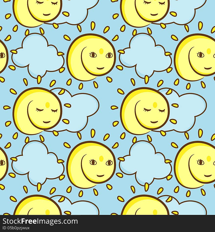 Vector seamless pattern with cute sun on the sky. Vector seamless pattern with cute sun on the sky