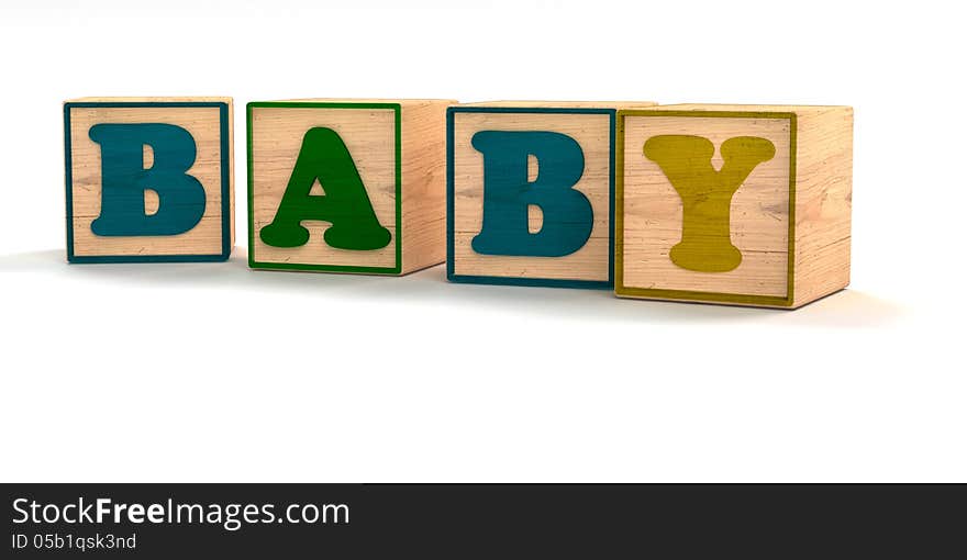 Baby Spelled out In Child Color Blocks Angled with White Background and soft shadows