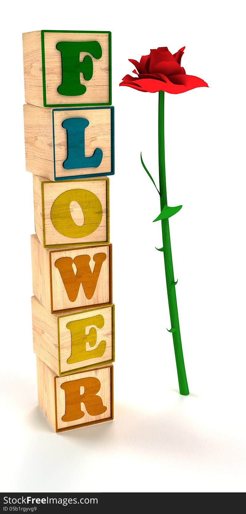 Flower with single Rose Spelled out In Child Color Blocks Angled with White Background and soft shadows. Flower with single Rose Spelled out In Child Color Blocks Angled with White Background and soft shadows