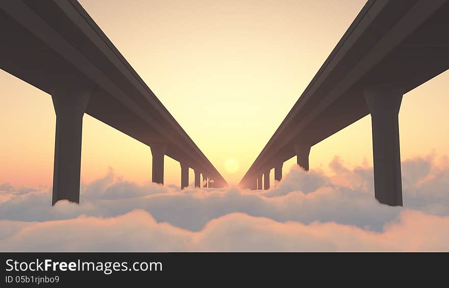 Two highways above clouds heading into a sunset. Two highways above clouds heading into a sunset