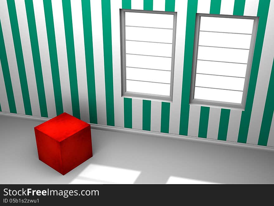 A solo red cube in a room with stripped wallpaper. Two windows with streaming sunlight. A solo red cube in a room with stripped wallpaper. Two windows with streaming sunlight