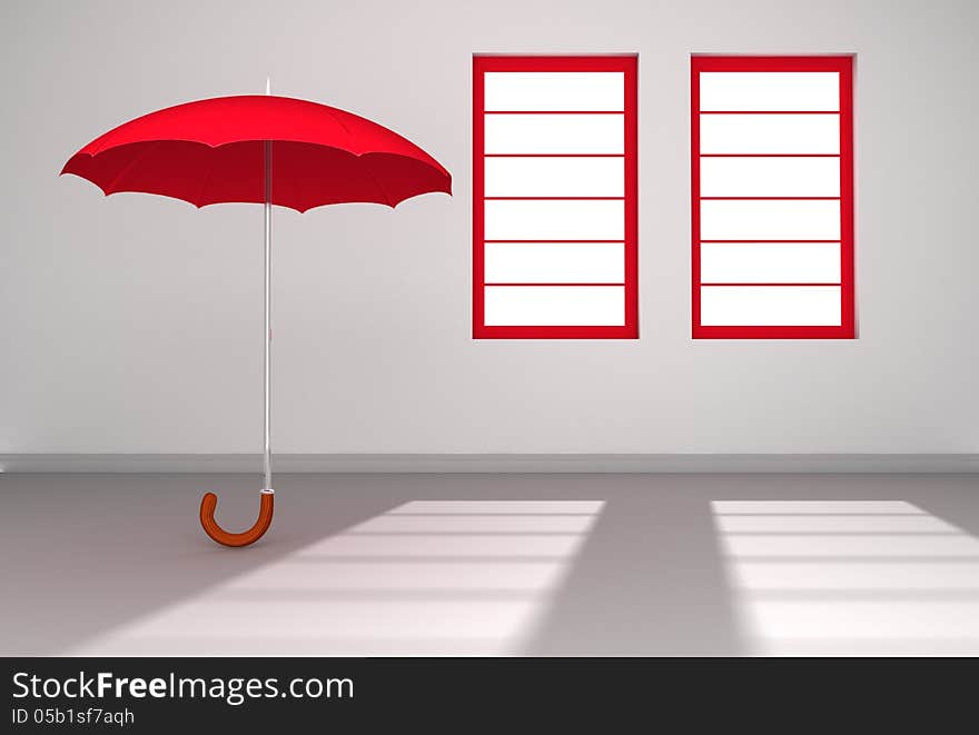 Red Umbrella in a white Room with Windows