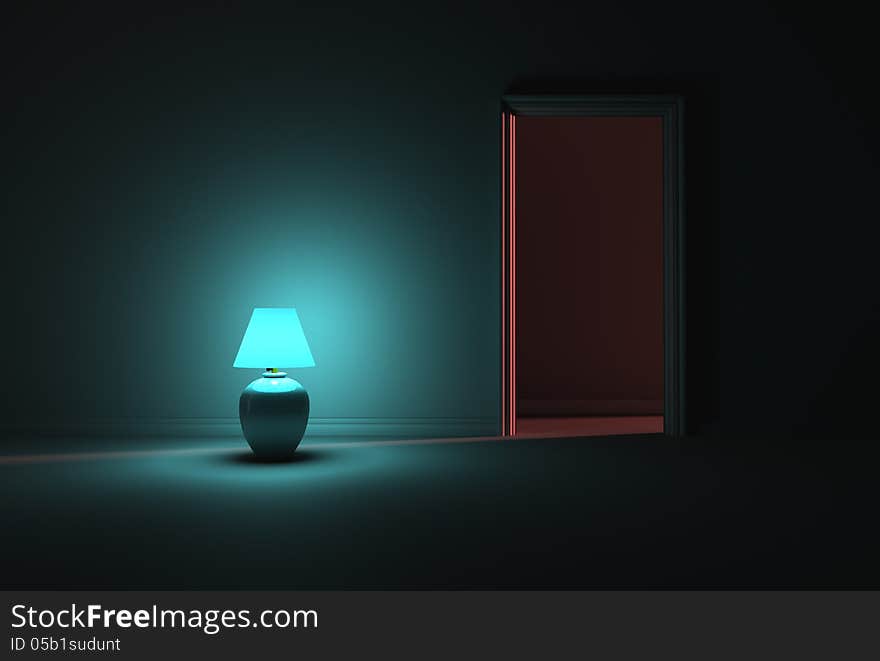 A dark room lit with a solo turquoise lamp next to an open door. A dark room lit with a solo turquoise lamp next to an open door