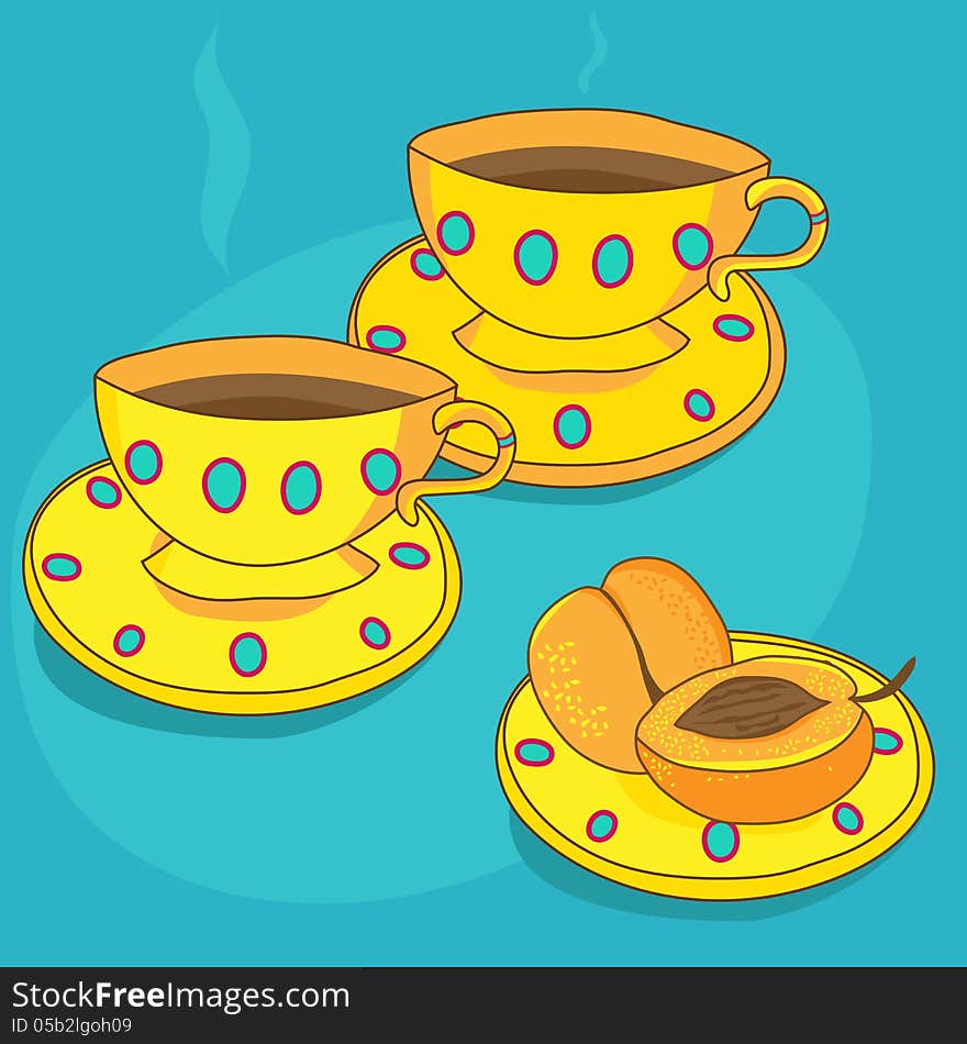 Cups of tea and apricots on blue background