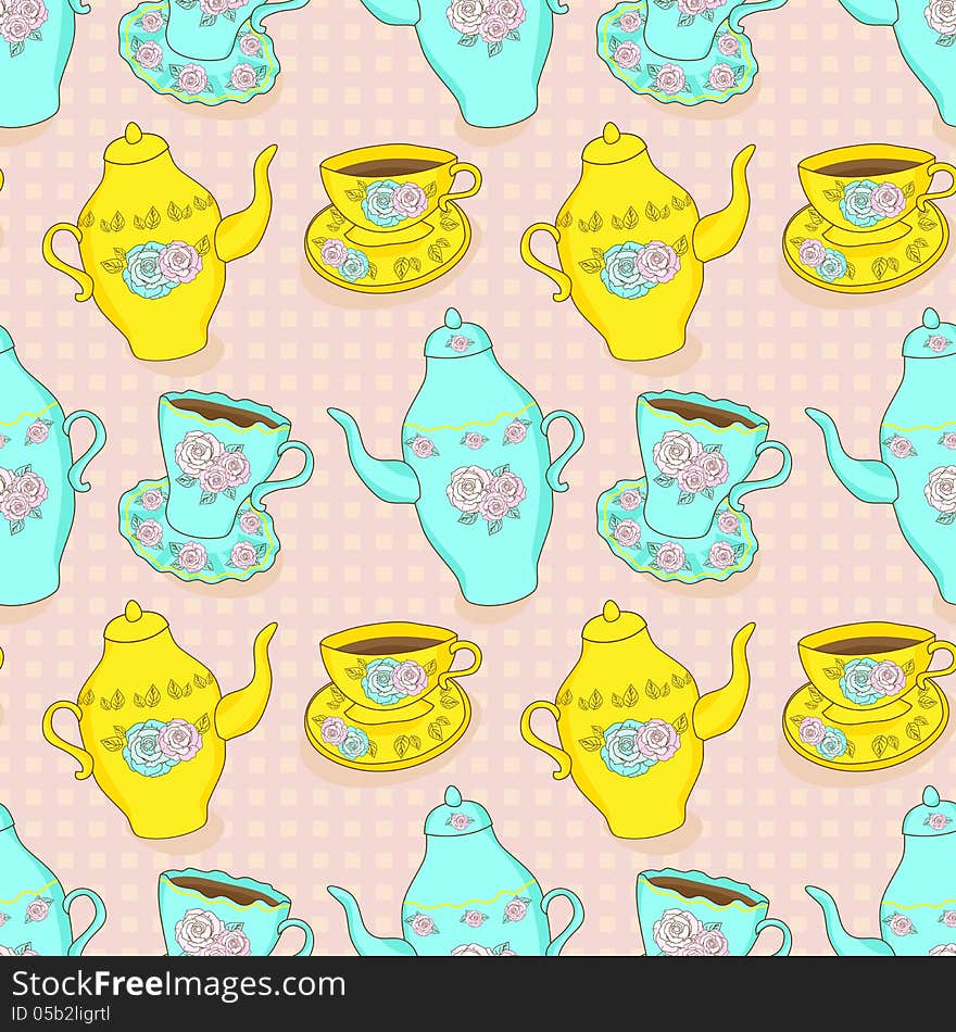 Pattern with cups and teapots