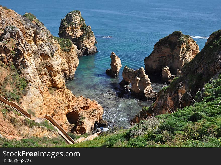 Beach Praia de Piedade, Algarve, Portugal, Europe, with stairs. Beach Praia de Piedade, Algarve, Portugal, Europe, with stairs.