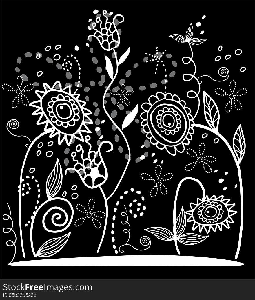 Vector background of beautiful vintage stylized flowers in black and white colors. Vector background of beautiful vintage stylized flowers in black and white colors