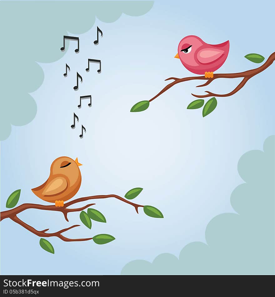 One bird on the tree branch singing to another. One bird on the tree branch singing to another.