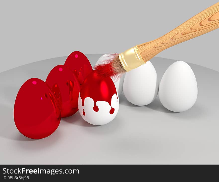 Painting eggs in red with paintbrush. 3D rendered. Painting eggs in red with paintbrush. 3D rendered.