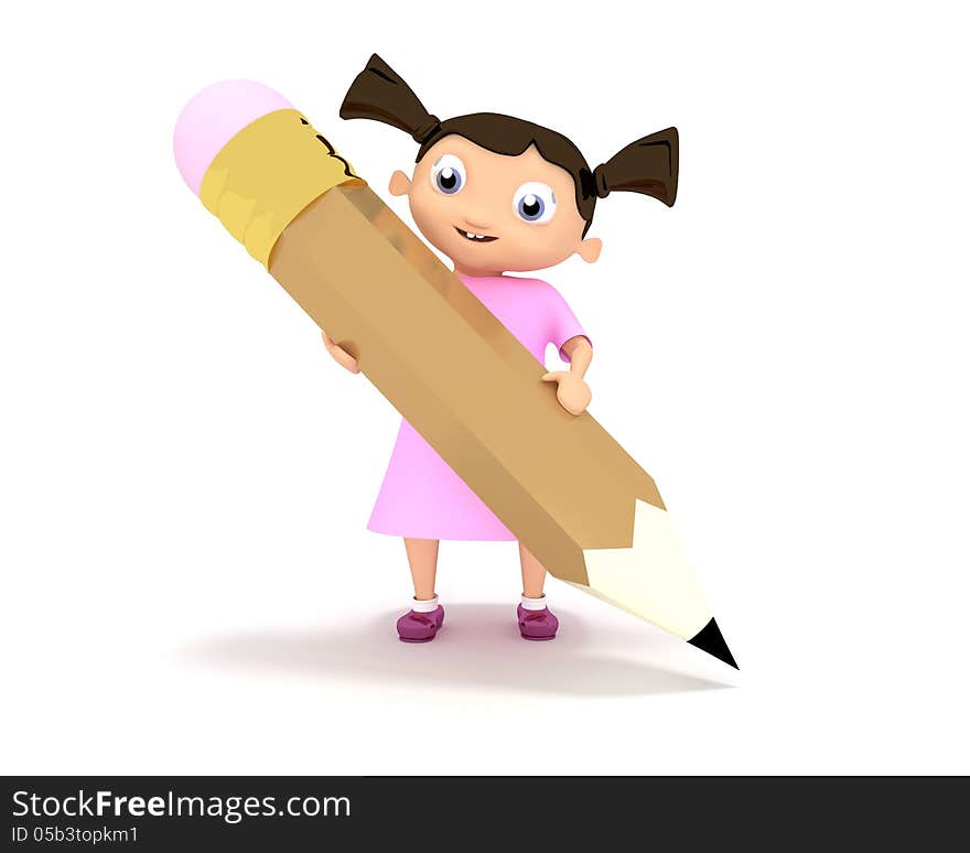 Girl playing with a big pencil. 3D rendered character. Girl playing with a big pencil. 3D rendered character.