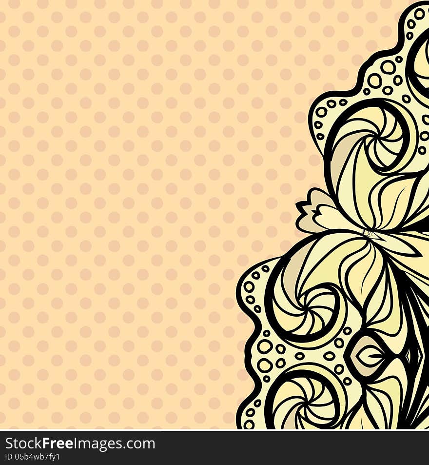 Abstract beige pattern with ornamental right border against the polka dot background. Abstract beige pattern with ornamental right border against the polka dot background.