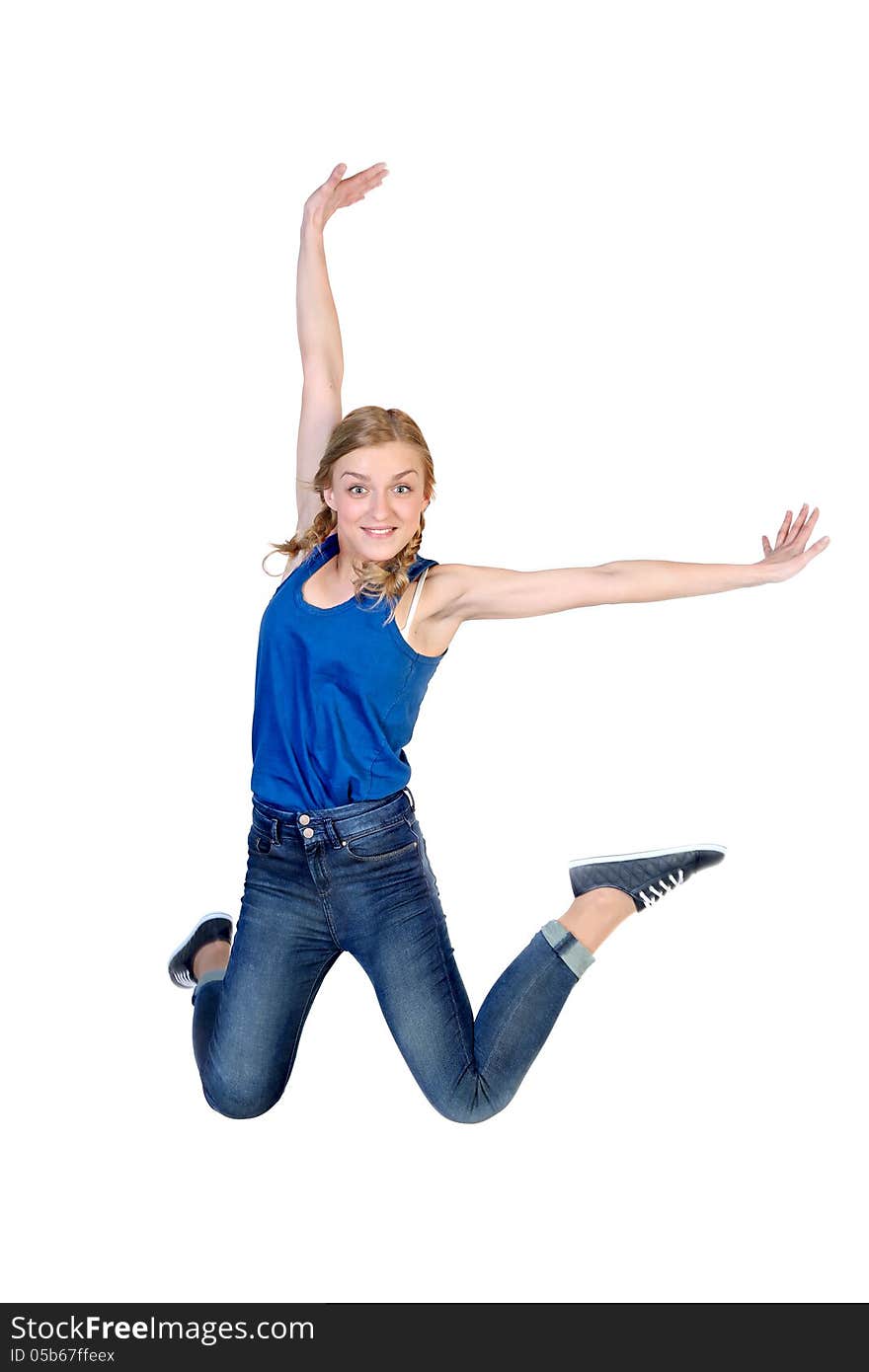 Young happy caucasian woman jumping in the air , isolated on white background