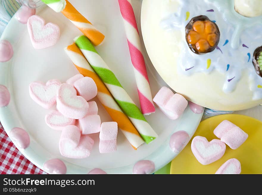 Candy party marshmallow and colorful wafer stick. Candy party marshmallow and colorful wafer stick