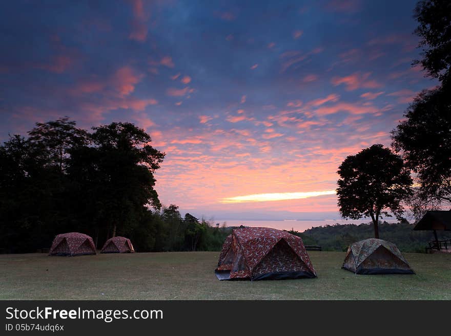Tents for campers on the hill in the morning in Thailand