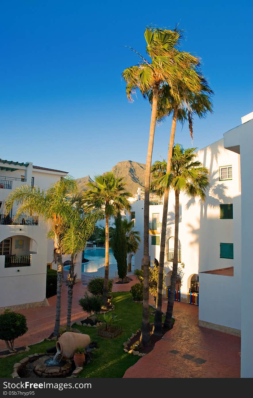 View from Tenerife, Canary Islands, Spain with palm trees, and mountains