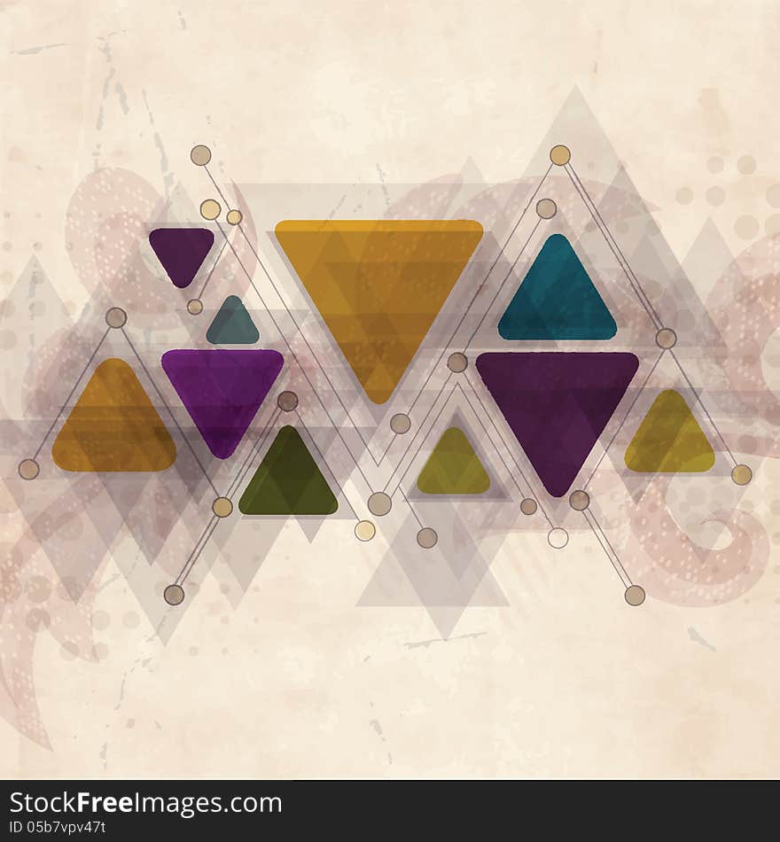 Retro geometric background with colorful triangle shapes and ornate swirls. Eps10 vector. Retro geometric background with colorful triangle shapes and ornate swirls. Eps10 vector