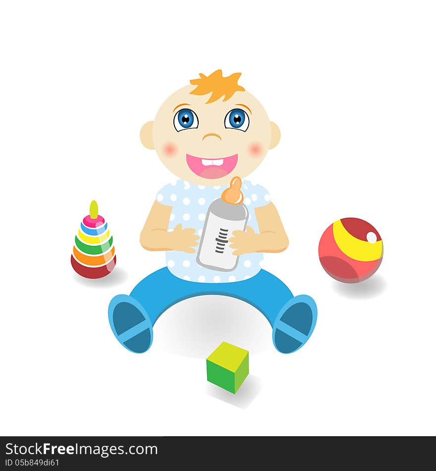 The little boy with a bottle of milk, sitting next to toys. The little boy with a bottle of milk, sitting next to toys