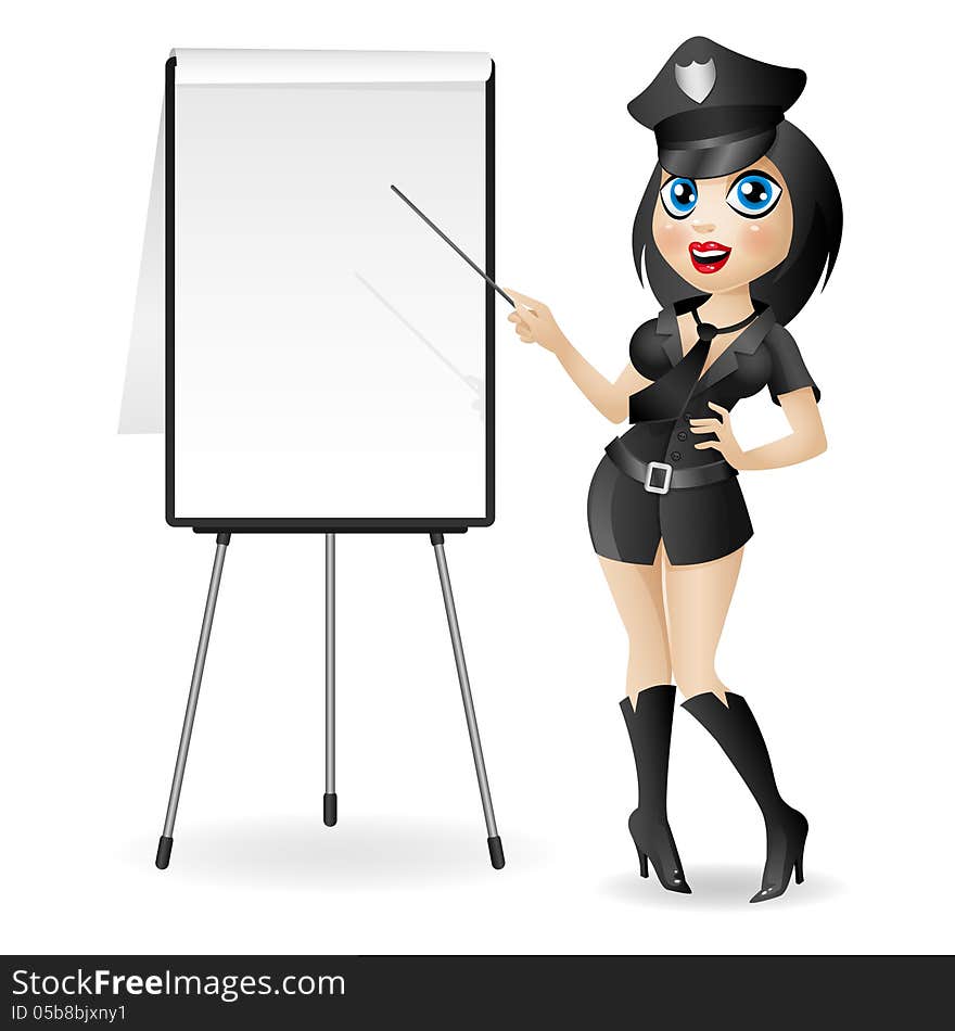 Police Girl Points To The Flip Chart