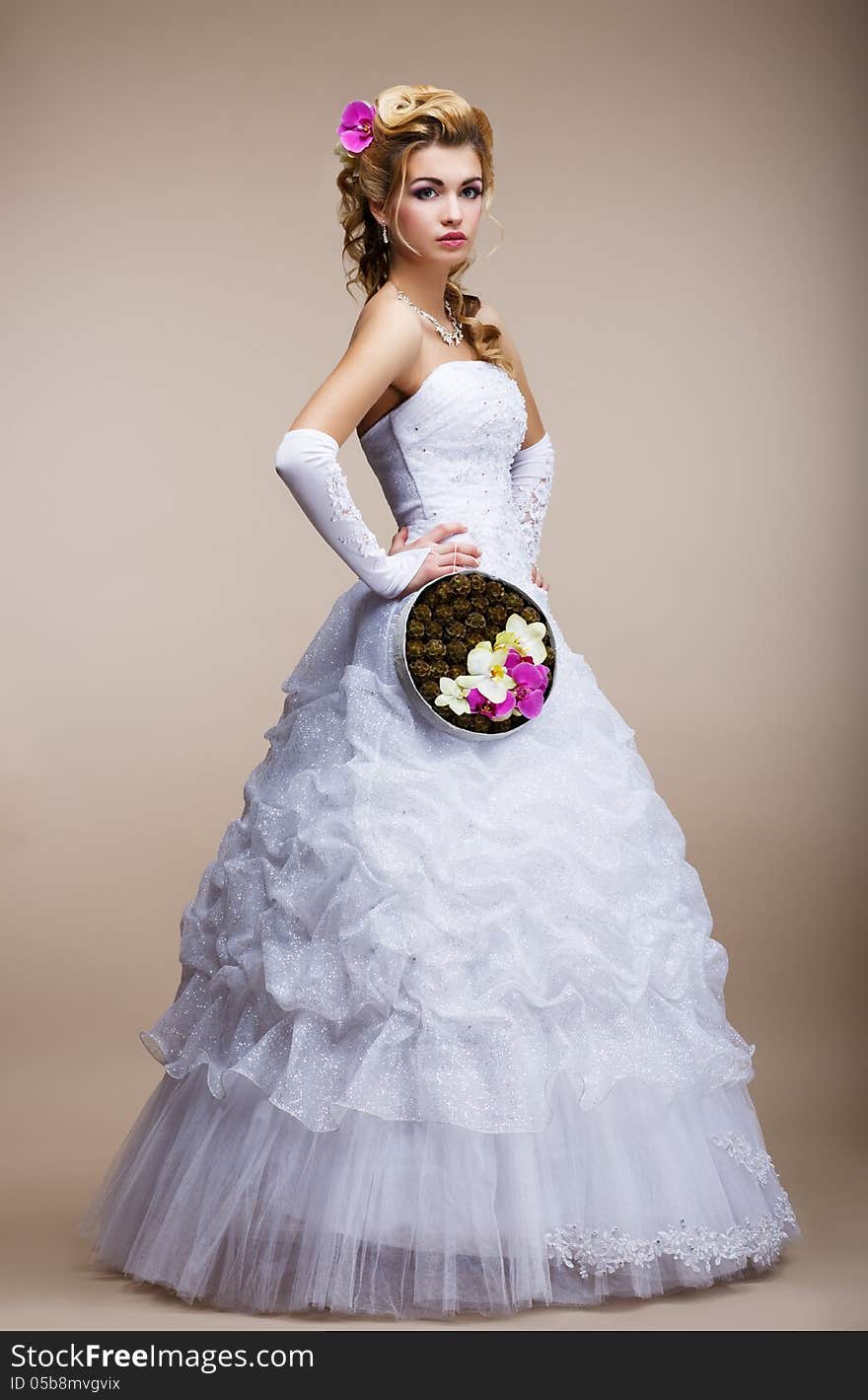 Bride in White Dress with bunch of Flowers. Bride in White Dress with bunch of Flowers