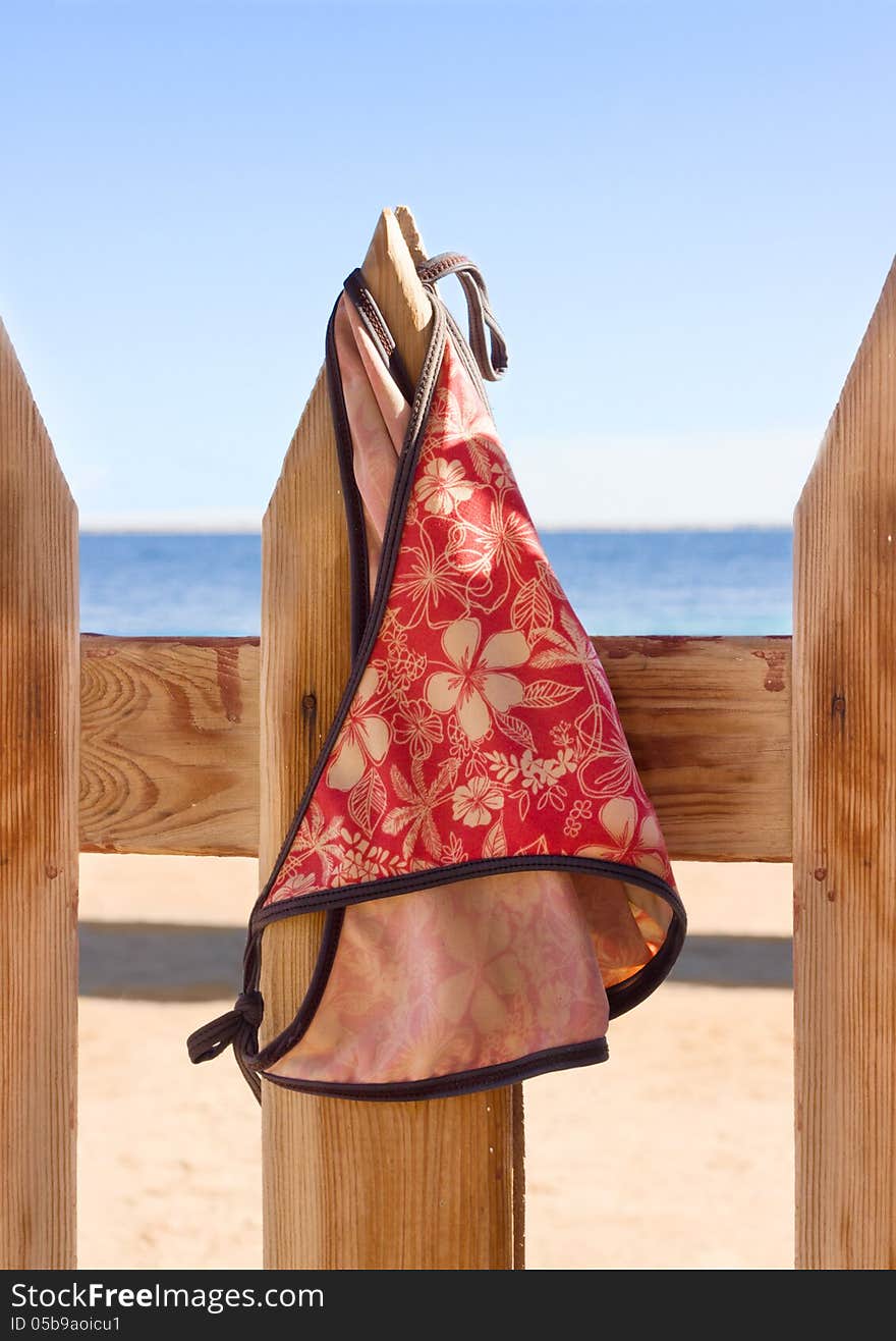 Womens swimsuit hanging on a rope on the fence near beach