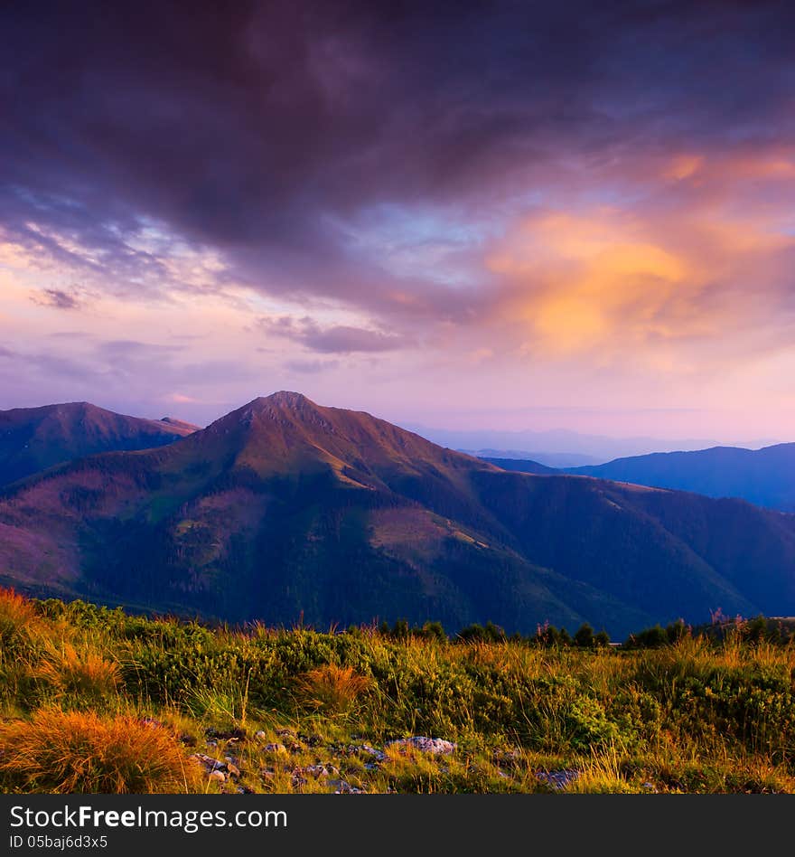 Beautiful mountain ridge after sunset