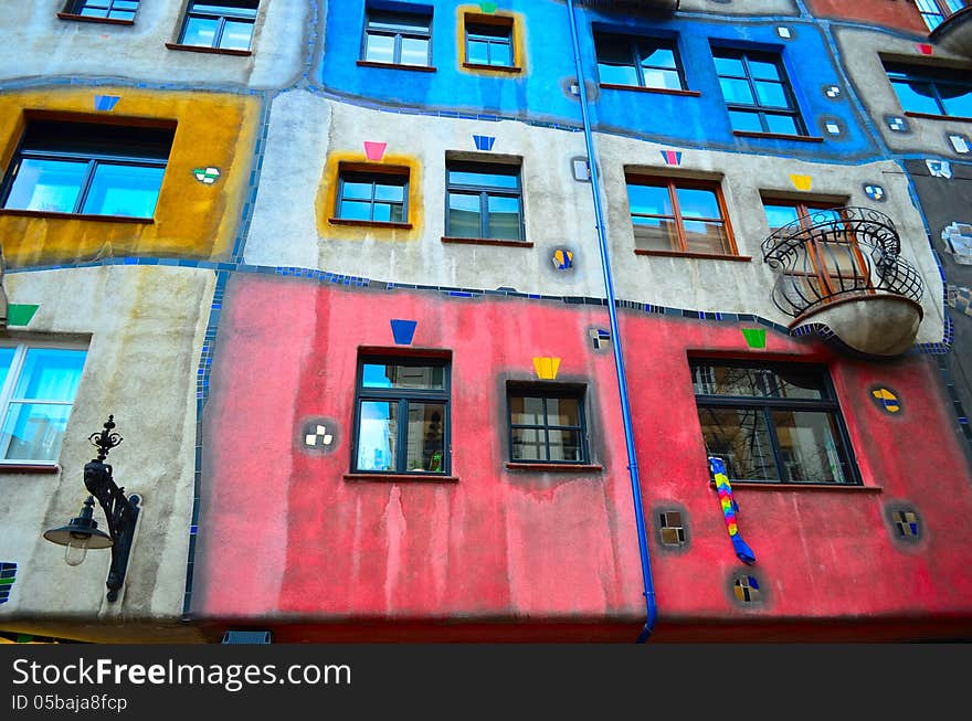 Unusual facade of Hundertwasser house in Vienna, Austria