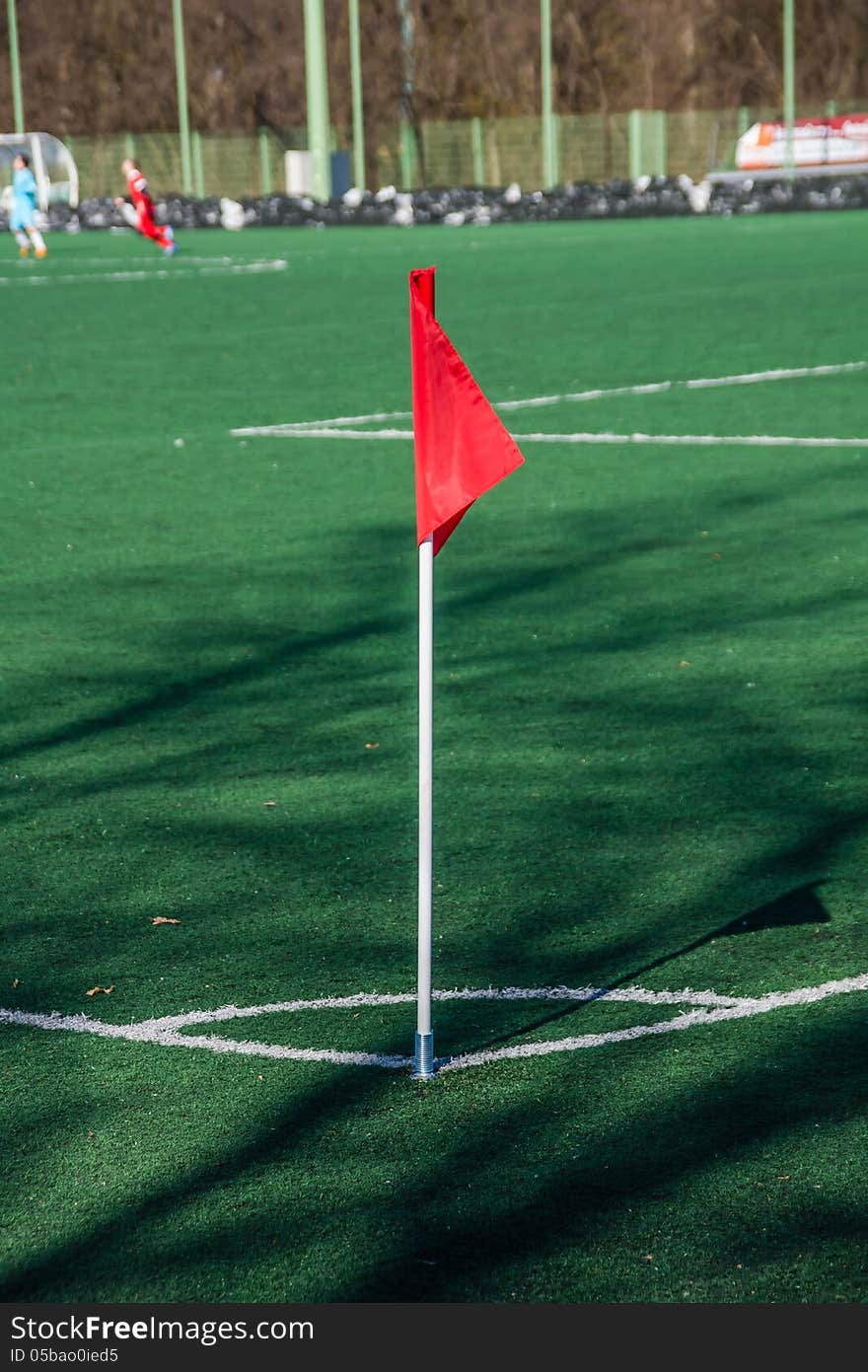 Football pitch corner flag in Chorzow, Poland.