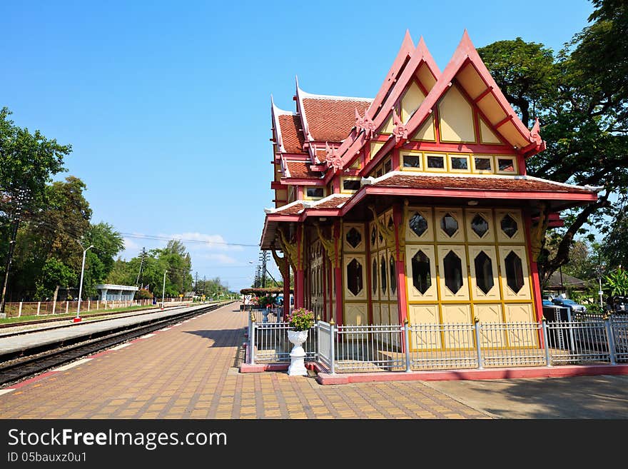 Railway station in Hua Hin, Thailand. The old red-and-yellow building and railways.