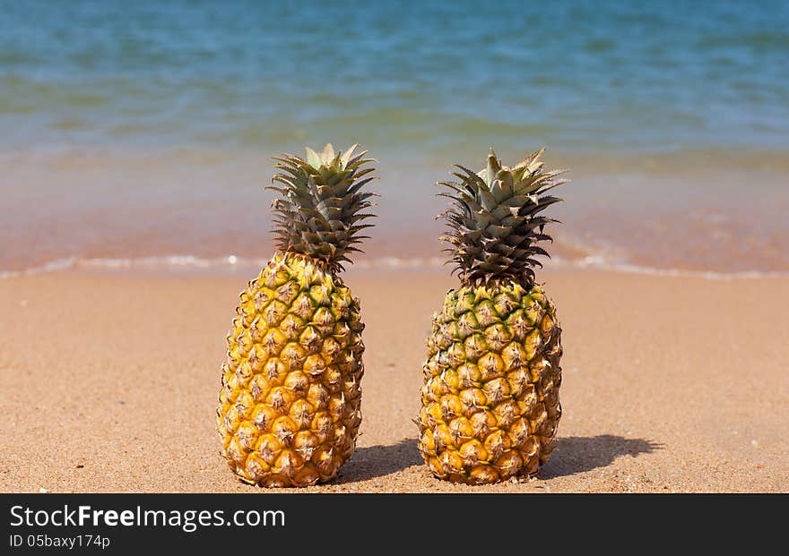 Two pineapples on the beach. Bright sunny day.