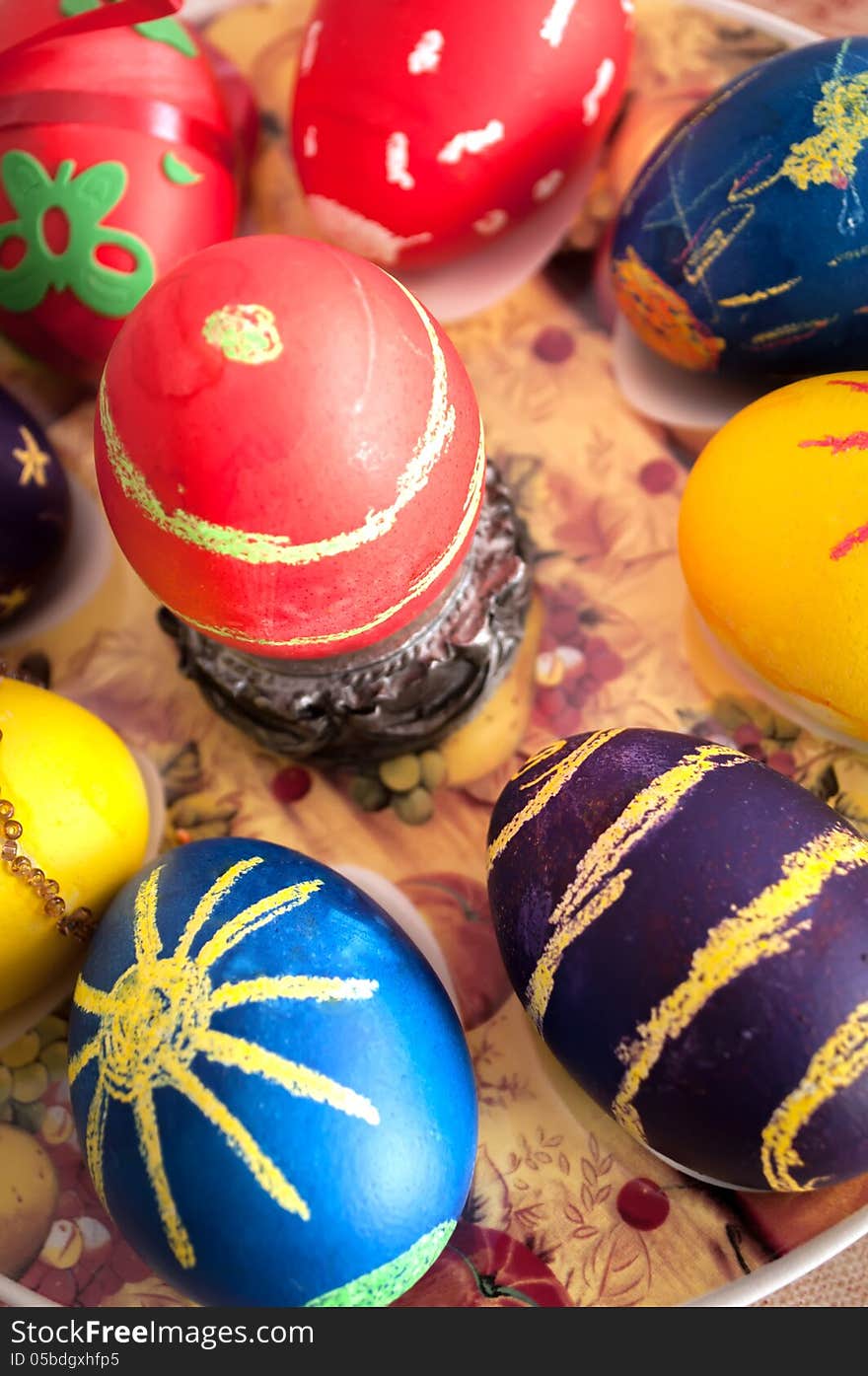 Easter eggs and Easter decoration on table