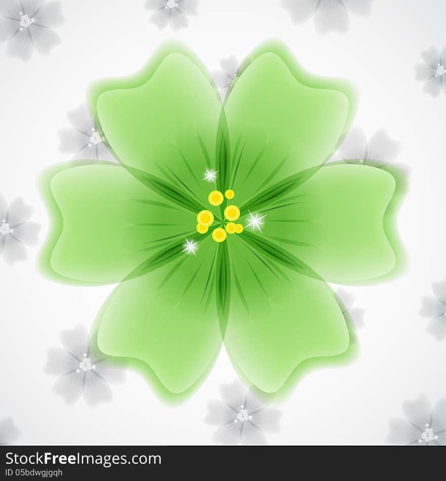 Big bright green flower on gray small flowers background