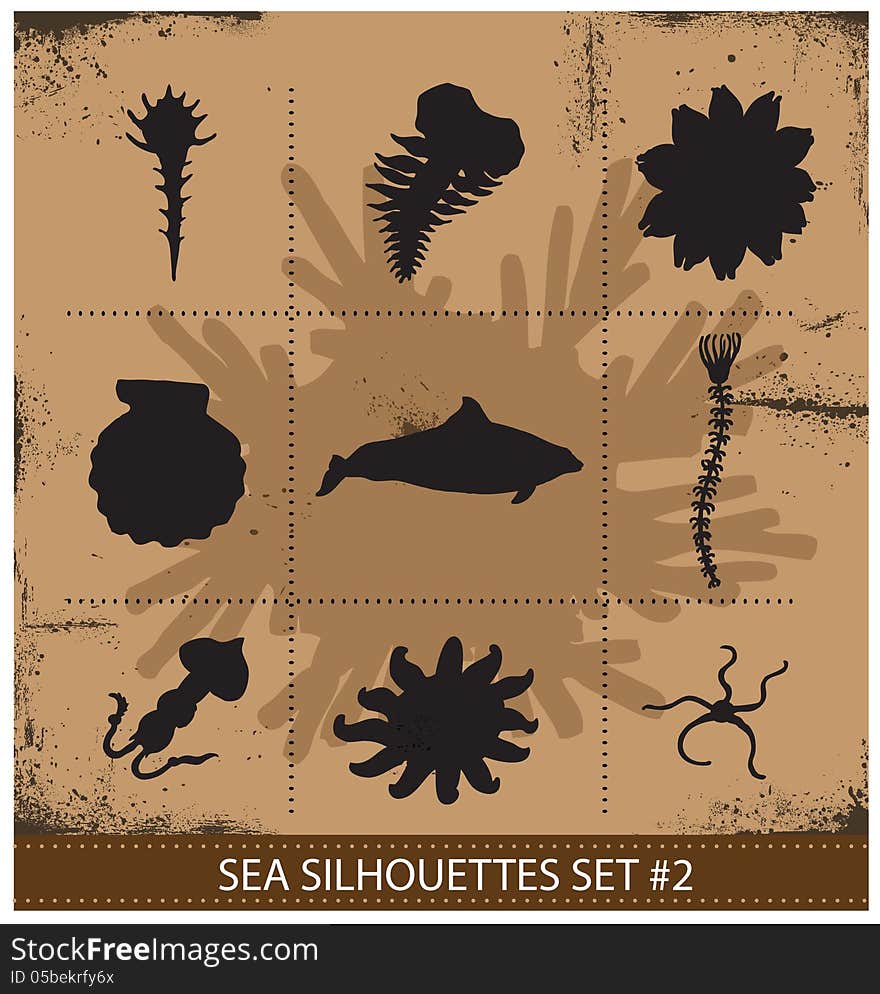 Abstract silhouette sea animals symbols set isolated. Abstract silhouette sea animals symbols set isolated