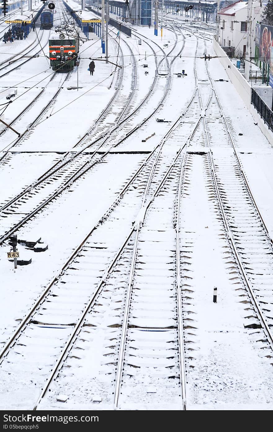 Background of railway lines in winter in Simferopol, Crimea, Ukraine