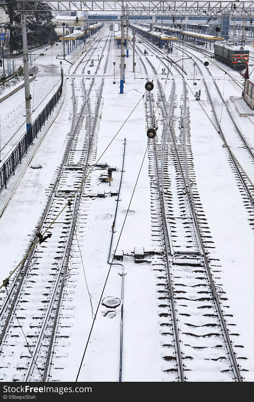 Background of railway lines in winter in Simferopol, Crimea, Ukraine